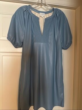 Dusty Blue Faux-Leather Tunic with Pintuck Yoke